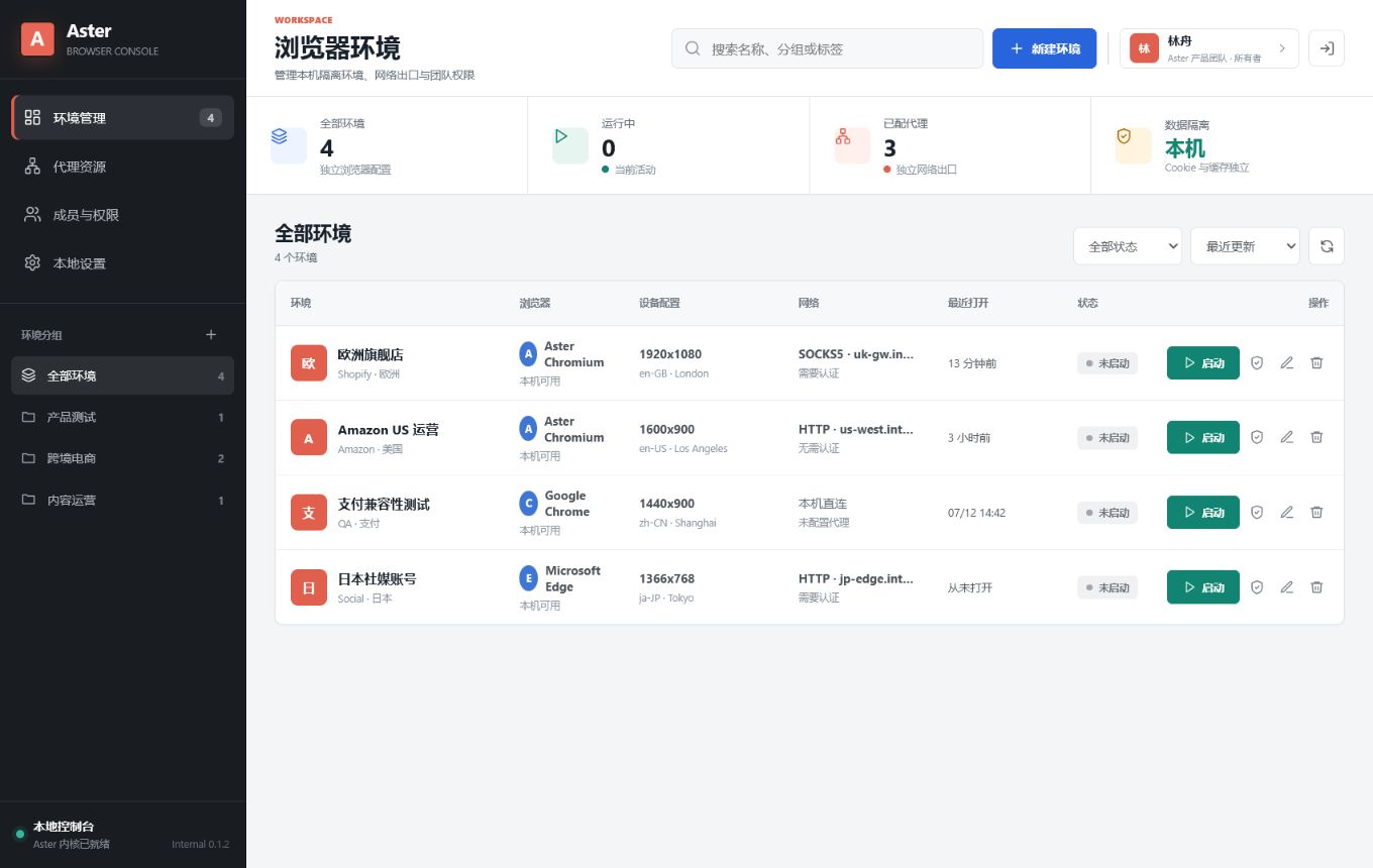 Aster Browser 环境管理界面
